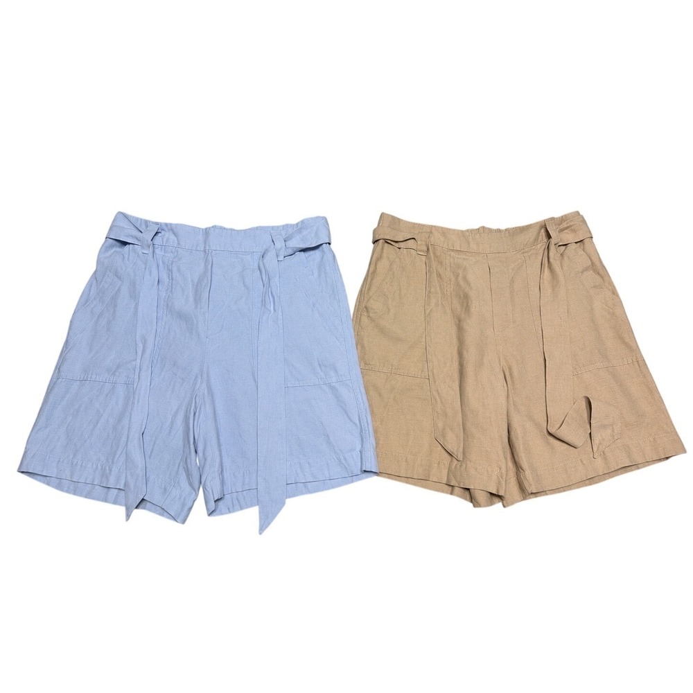 Soft Surroundings Linen Shorts Womens S Lot 2 Blue Tan Tie Waist Lyocell Relaxed